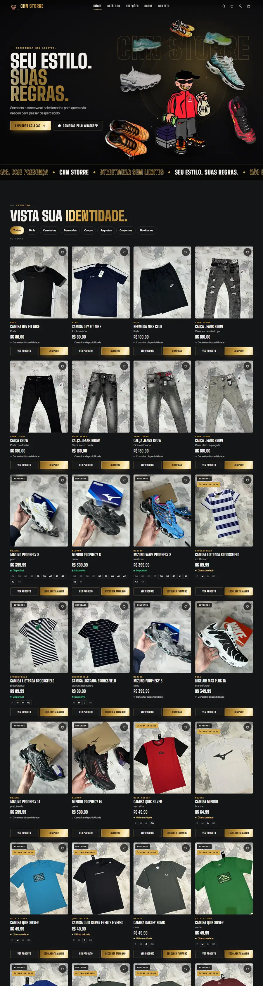 Site da CHN STORRE, sneakers e streetwear