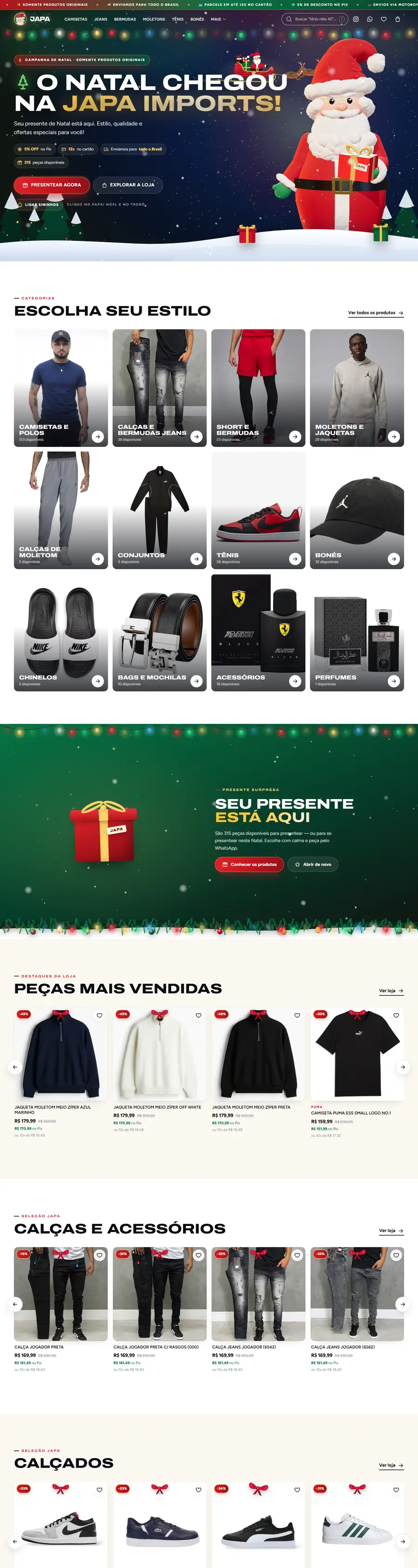 Site da Japa Imports com tema de Natal e Papai Noel em 3D